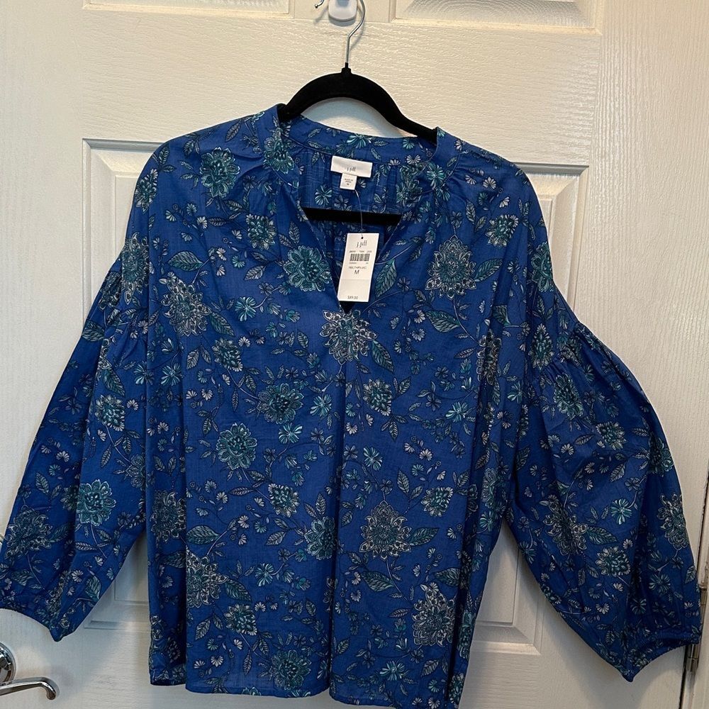 J. Jill Blue 100% Cotton Floral Peasant Blouse Boxy Oversized Loose Fit Med